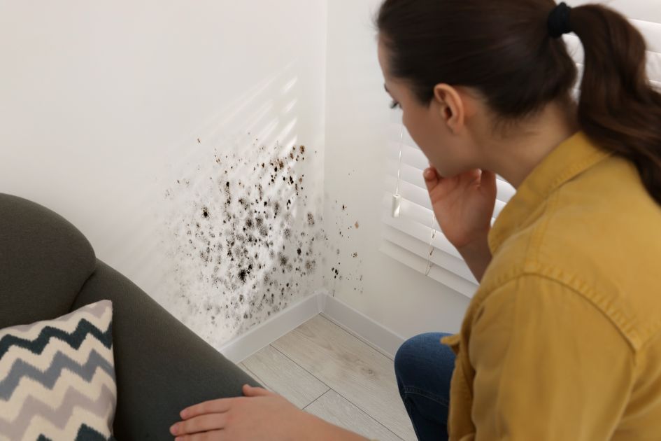 Woman looking at white wall with mold spots in corner by floor